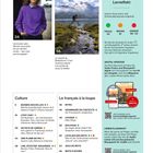 Écoute mit maximalem Lerneffekt. Unsere Texte in drei Schwierigkeitsgrade: FACILE, MOYEN, AVANCÉ. Links: Frau im lilafarbenen Pullover. Rechts: Wanderer springt über Bach in Berglandschaft.