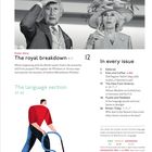 Texte: "The royal breakdown", "The language section", "In every issue". Schwarz-weiß Foto von zwei Personen; Illustration eines Mannes mit Staubsauger.