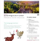 "10 free things to do in London", "The language section 47-65", Stadtansicht von oben, Hirsch und Huhn illustrativ dargestellt.