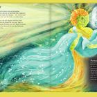 Text: "DIE RÜCKSEITE... Mondaufgang... Neumondphase... nicht zu sehen ist." Illustration: Eine farbenfrohe, fantasievolle Szene mit zwei Wesen, die sich umarmen.