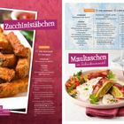 Linke Seite: "Zucchinistäbchen", Rezept für 4 Portionen.  
Rechte Seite: "Maultaschen im Schinkenmantel", Rezept für 2 Portionen.