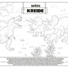 Text: "Späte Kreide." Illustration von Dinosauriern auf einer Wiese mit Pflanzen und einem Berg im Hintergrund.