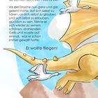 Text über Selbstvertrauen und Entschlossenheit. Illustration eines gelben Drachens mit zwei weißen Vögeln auf einem Felsen.