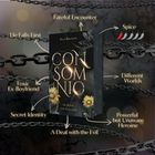 Text: Fateful Encounter, Spice, Different Worlds, Powerful but Unaware Heroine, A Deal with the Evil, Secret Identity, Toxic Ex-Boyfriend, He Falls First. Buchcover mit Ketten und Sonnenblumen.