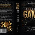 Texte im Bild, Vorderseite: "BOOKISH GAME", "Isabelle Herzog", "Schreib oder stirb, Darling." Schwarze Blüten und goldene Details.