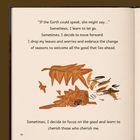 Text: "If the Earth could speak, she might say..." Illustration zeigt Blätter, einen kleinen Igel und fliegende Samen.