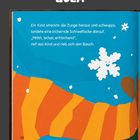 "Ein Kind streckte die Zunge heraus..." steht auf blauem Hintergrund. Schneeflocke, orange-gelber Schal unten.