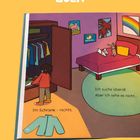 Text: „Im Schrank - nichts.“ „Ich suche überall. Aber ich sehe es nicht...“ Illustration: Kind sucht im Kleiderschrank.