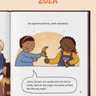 Text: „Da sagt eine Stimme, sanft und ehrlich: ‚Doch, Teryam, ich versteh dich...‘“ Zwei Kinder, eins hält eine Banane.