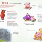 Texte: LIEBE, Geborgenheit, Nähe, Halt, Zuwendung, Sanftheit, Zuneigung, Familienharmonie, Trost. Figuren: Bunte, freundliche Monster.