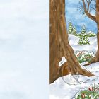 Texte beschreiben Tiere und einen Wichtel im Schnee. Rechts ist eine winterliche Waldszene mit Tieren und einem Eichhörnchen.