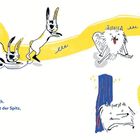 „Spring, Spitz, spring!“, ruft das Bommeltier. Der Spitz antwortet: „Niemals nie nicht, so ein Pech.“ Illustration mit Tieren.