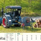LANZ BULLDOG D 7506, März 2027, Kalender. Alter blauer Traktor mit angehängter Säge neben Holzstapeln. Im Hintergrund Wald.