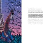 Text beschreibt Paris bei Nacht. Illustration eines Giraffenhundes im Trenchcoat vor dem beleuchteten Eiffelturm.