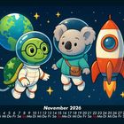 November 2026 Kalender, unten; Illustration: Schildkröte, Koala in Astronautenanzügen, Rakete, Erde im Hintergrund.