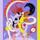 Zwei Figuren tanzen eng umschlungen, umgeben von Tentakeln und futuristischen Symbolen. Farbenfrohe, lebendige Illustration.