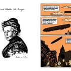 "Glanz und Schatten über Europa" steht oben. Illustration: Bertha von Suttner; rechts ein Zeppelin über einer Stadt.