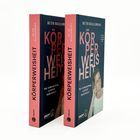 Text: "Körperweisheit. Wie Selbstheilung wirklich funktioniert." Zwei Hardcover-Bücher, rosa und dunkler Einband mit Bild.