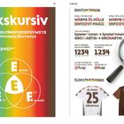 "Linkskursiv" in Weiß auf Regenbogenhintergrund, Schriftartenbeispiele und Diagramm. FC St. Pauli Trikots mit Zahlen.
