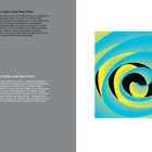 Freie Farbe und Form. Spiralförmige, blaue und gelbe Muster auf schwarzem Hintergrund. Links Text auf grauem Hintergrund.