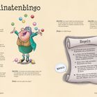 "Koordinatenbingo" steht oben. Dialoge zwischen Jamie und Jess erklären ein Spiel. Regeln werden auf einer Papierrolle gezeigt. Eine Illustration zeigt eine fröhliche Person, die bunte Kugeln jongliert.