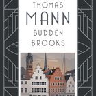 "THOMAS MANN BUDDENBROOKS" in Art-Déco-Stil, darunter eine Stadtansicht mit Häusern und Kirchtürmen.