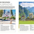 **Texte:**

Die Regionen Albaniens

**Tirana:**
Eine pulsierende Metropole mit historischem Wahrzeichen und moderner Kultur.

**Nordalbanien:**
Wildnis mit Bergen, Seen und charmanten Dörfern.

**Bilder:**

Links: Eine beeindruckende Moschee mit weißer Kuppel und Minaretten.
Rechts: Berglandschaft mit Steinhaus und grünem Tal.