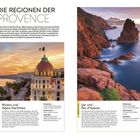"DIE REGIONEN DER PROVENCE", Riviera mit Küste und Promenade, felsige Küste im Abendlicht, Text über Attraktionen und Erlebnisse.