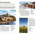 Text: Die Regionen Schwedens, Stockholm mit Sehenswürdigkeiten, Ost-Svealand mit historischem Erbe, Ost-Götaland mit Kultur.  
Links Gemälde einer Stadt am Wasser, rechts winterliche Häuser, unten Landschaft mit Rapsfeld.