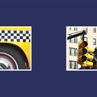 Links ein gelbes Taxi mit Schachbrettmuster, rechts eine gelbe Ampel vor Gebäuden.