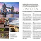 In Großbritannien gibt es so viel zu sehen und zu unternehmen. 2 Wochen - Große Tour durch Großbritannien. Bilder: Tower Bridge, Museumssaal, Boot auf Fluss, Landschaft.