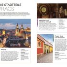 "Die Stadtteile Prags", zeigt Fotos: eine beleuchtete Altstadt, ein reich verziertes Inneres und eine malerische Gasse.