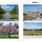 „Ausflug in die Natur“, „Tagsüber“. Brunnen, Schlossgarten, blühender Baum, Menschen auf Bänken im Park.