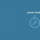 Text: "MEINE TOUREN". Illustration eines Kompasses auf blauem Hintergrund.