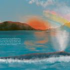 Das Bild zeigt eine malerische Meereslandschaft mit blauem Wasser, Bergen im Hintergrund und einem Wal mit buntem Blas.