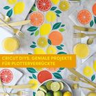 Text: "CRICUT DIYS. GENIALE PROJEKTE FÜR PLOTTERVERRÜCKTE". 
Bunte Zitronen-, Orangen- und Limettenillustrationen auf Tischset. Goldbesteck.