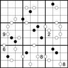 Zahlen 9, 6, 2, 8 auf einem Gitter mit schwarzen und weißen Punkten. Könnte ein Rätsel oder Logikspiel sein.