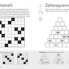 "Lichtstrahl" mit Zahlenraster. "Zahlenpyramide" zeigt für Felder Summen der unteren. Mini-Rätsel darunter.
