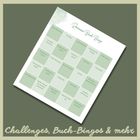 Text: "Romance-Buch-Bingo", "Challenges, Buch-Bingos & mehr". Bingo-Karte mit verschiedenen Roman-Themen auf grünem Hintergrund.