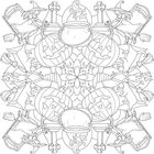 Illustration: Hexen auf Besen, Kürbisse und Zauberkessel in symmetrischem Muster. Text: Zahlen von 1 bis 10 an verschiedenen Stellen.