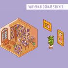 "WIEDERABLÖSBARE STICKER" oben; Illustration einer gemütlichen Bibliothek mit Büchern, Leiter, Sessel und Pflanzen.