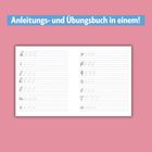 "Anleitungs- und Übungsbuch in einem!" oben. Darunter auf rosa Hintergrund eine offene Schreibübung in Schreibschrift.