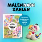 „MALEN NACH ZAHLEN“, „30 mausige Ausmalmotive für deine kreative Pause“. Illustration von Figuren mit Musik und Malheft.