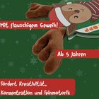 Texte: "Mit flauschigem Geweih!", "Ab 5 Jahren", "Fördert Kreativität, Konzentration und Feinmotorik". Illustration eines Rentiers.