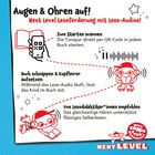 Augen & Ohren auf! Next Level Leseförderung mit Lese-Audios. Illustration mit QR-Code, Kopfhörern, Buch, Kind auf Rollschuhen.