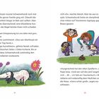 Seite 21-22, Text über Schweinehundi und Familie. Illustration: Hund auf Wiese, Familie schaut auf Haufen auf Rasen.