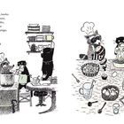 Text: "Mo holte Teller, brachte einen Becher Wasser, etwas Salz und alles, was der Waschbär zum Kochen benötigte." Illustration: Waschbär und Katze kochen.