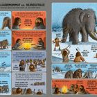 Comic: "Wollhaarmammut vs. Neandertaler". Dialoge zwischen Mammuts und Neandertalern über Jagd, Feuer und Überleben.