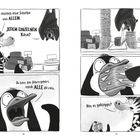 Ein Zebra und eine Fledermaus diskutieren in einem Lebensmittelgeschäft über Käse. Ein Pinguin stopft viele Scheiben in den Mund.