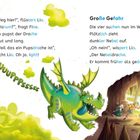 Text: „Weg hier!“, flüstert Lia. “Da pupst der Drache...". Illustration: Ein grüner Drache pustet Rauch, Kinder rennen.